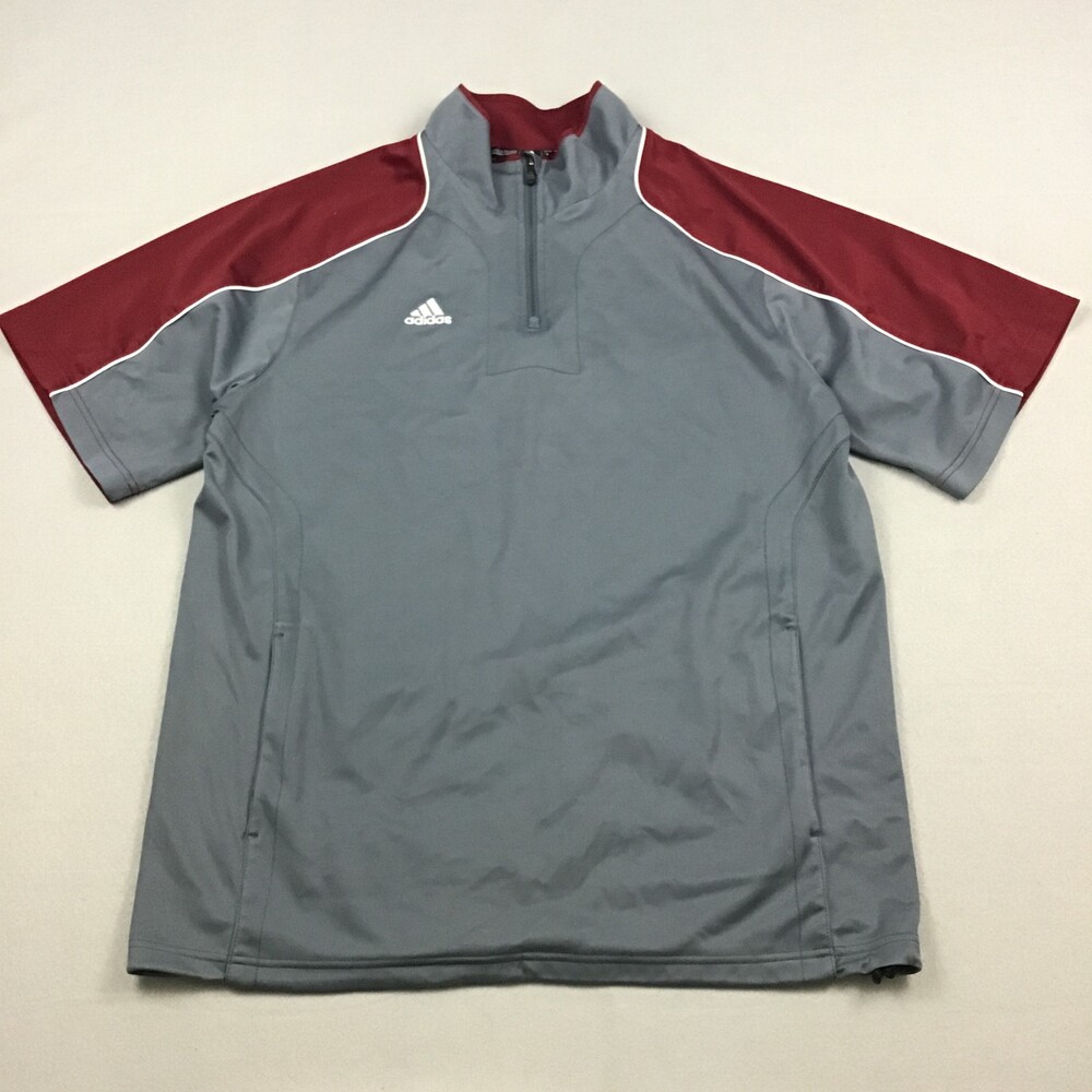 Adidas Jacket Large Gray Solid 1/4 Zip Pullover Short Sleeve Logo Pockets L *